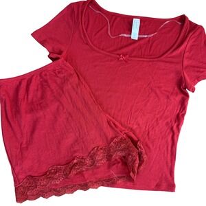 Auden Red Ribbed Lace Trim Pajama Set Sleepwear Top Shorts Women's Medium
